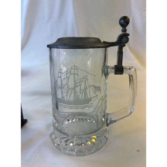Vintage Glass Beer Stein W/ Pewter Lid & Ship Graphic Design - Picture 1 of 2